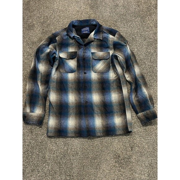 Pendleton Virgin Wool Button Up Rider Shirt Mens Medium M Plaid Blue Ombre